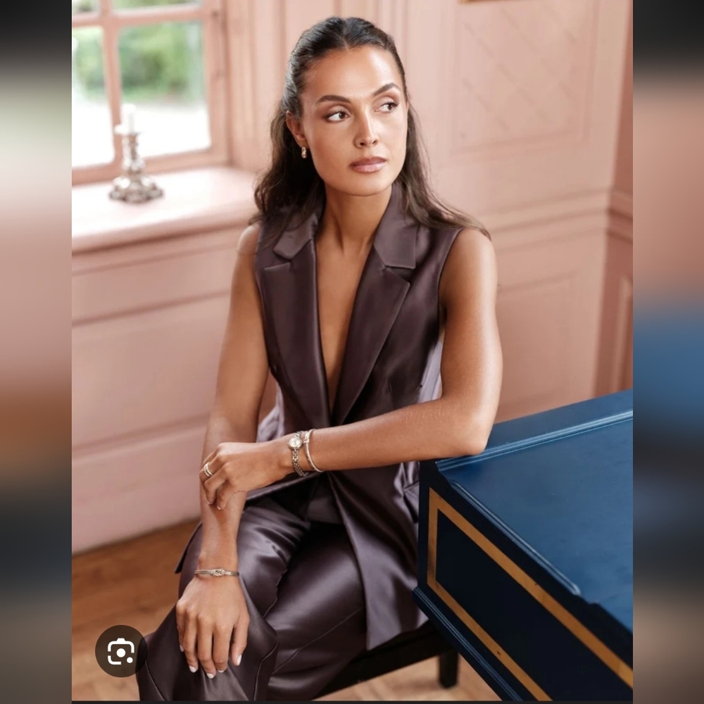Zara 2 Pc Set Vest & Straight Pants Satin Effect Mocha - Picture 9 of 17